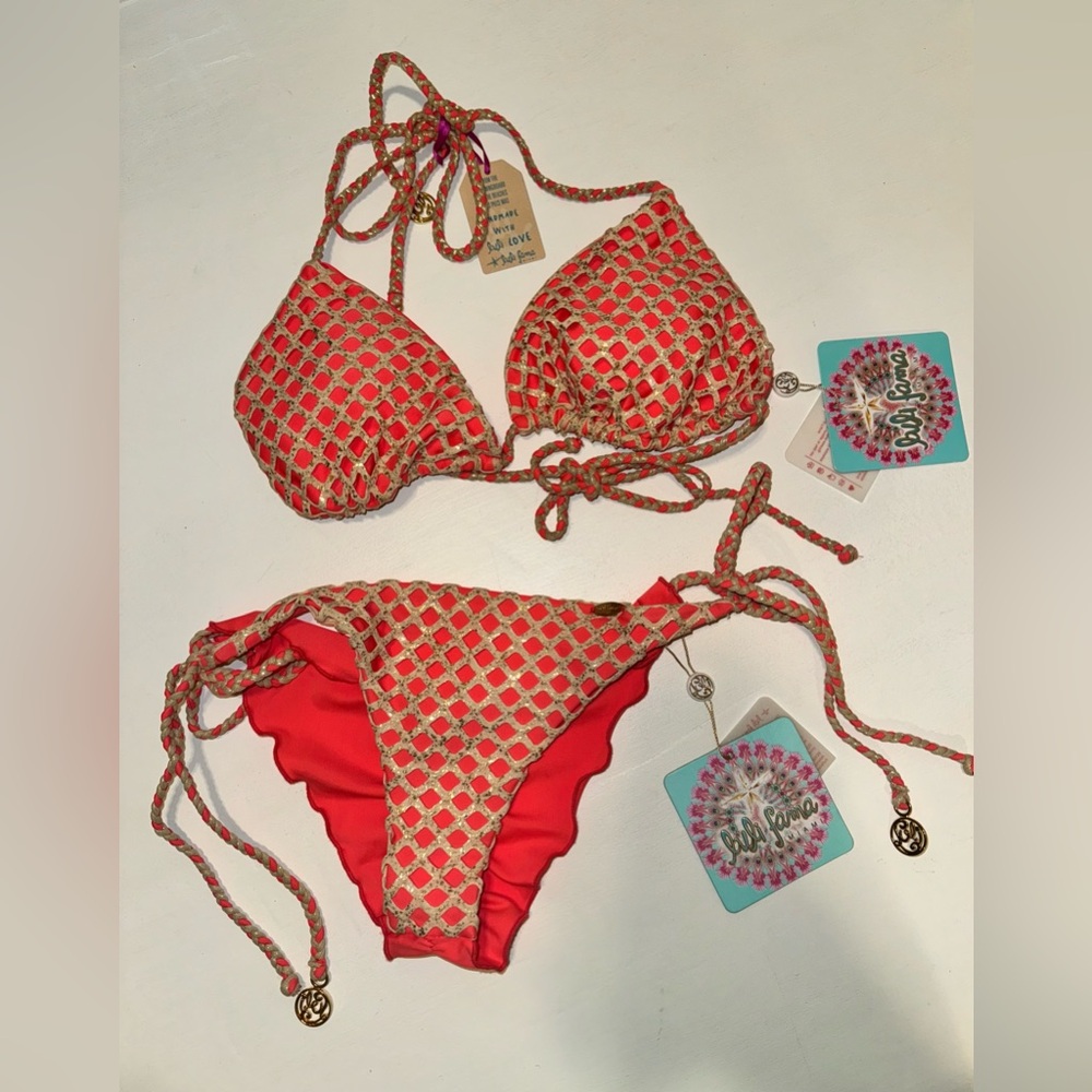 NEW SEXY Lulifama Miami STRING bikini gold & coral both size medium - gorgeous !